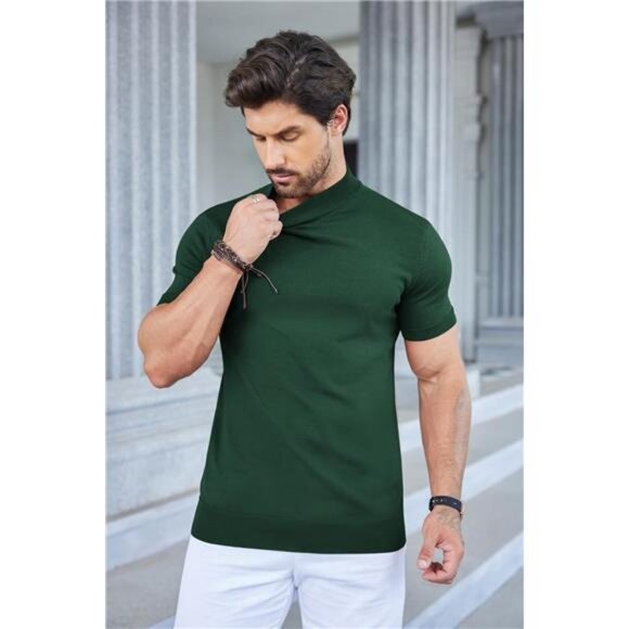 Mens Mock Turtleneck Sweater Short Sleeve Casual Dress Sweater Shirt - Picture 2 of 6